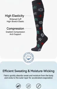 Close-up of breathable snowflake patterned compression socks with arch support detail.