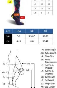 Comprehensive compression socks size chart with multi-regional size measurement guide