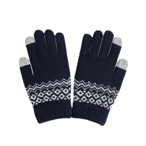 Guantes táctiles de punto azul marino con patrones geométricos para el invierno