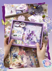 Twilight Iris stationery gift box set with journal, washi tape, and cute decorative stickers.