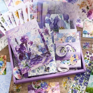 Japanese Style Purple Iris Floral Printed Stationery Gift Box Set Including Notebook Stickers Washi Tapes Memo Pads For Journal DIY Art Craft Gift