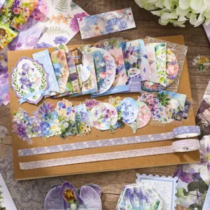 Floral stationery sticker and washi tape set, twilight iris aesthetic journal supplies.