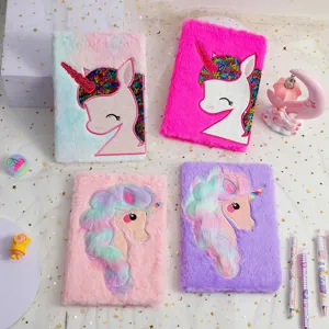 Cute Plush Unicorn Notebook Cartoon Sequin Embroidery Journal Diary For Girls Student A5 Soft Furry Stationery Gift
