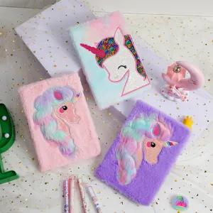 Cute plush unicorn notebook furry diary set with colorful glitter details for girls students