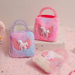 Cute Cartoon Unicorn Plush Shoulder Bag For Girls Playful Sequin Wing Kids Crossbody Bag Sweet Daily Outfit Fluffy Handbag Gift