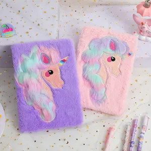 Cute plush unicorn notebook detail, fluffy cover diary journal for girls students cute stationery.
