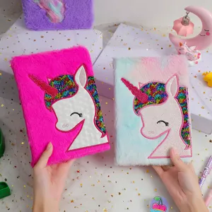 Cute plush unicorn notebook for girls, fluffy diary journal with sparkling sequin embroidery.