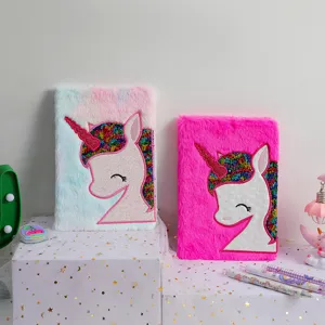 Plush unicorn notebook detail view, cute fuzzy journal diary for students and girls.