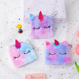 Cute cartoon unicorn plush coin purse for kids, soft fuzzy zipper pouch with keychain hook.