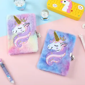 Cute fluffy unicorn notebook with lock for kids, cute plush diary for girls and school gift.