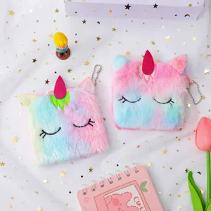 Cute plush unicorn coin purse with keychain, colorful fuzzy wallet for kids and girls gift.