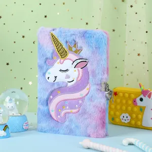 Fluffy cute unicorn diary notebook with lock for kids, pastel pink blue plush cover journal.