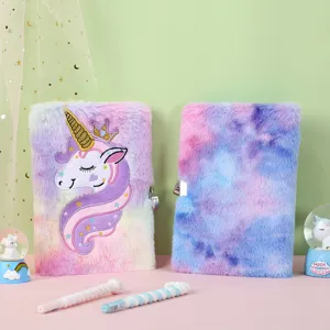 Detailed view of cute plush lock notebook featuring unicorn embroidery and pastel colors.