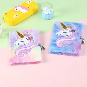 Cute fluffy unicorn diary notebook with lock for kids, magical plush journal gift for girls.