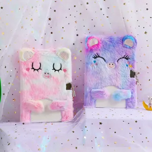 Kids Plush Diary With Lock Cute Gradient Tie-Dye Animal Notebook 80 Sheets A5 Journal Secret Notepad For Girls Student Gift