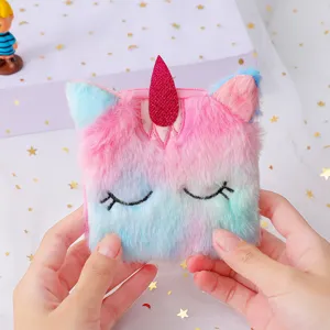 Cute cartoon unicorn plush coin purse for kids, soft pastel gradient wallet with secure zipper.