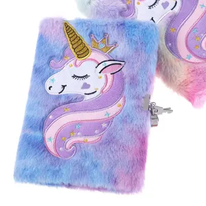 Fluffy unicorn notebook detail, cute plush diary with lock, perfect gift for girls.