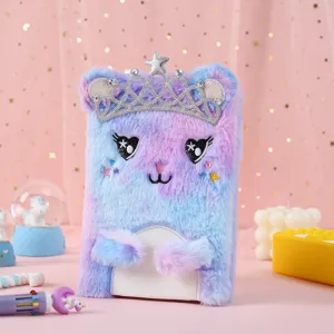 Süßes Plüsch Notizbuch mit Krone und 3D Ohren, flauschiges Tagebuch für Schüler und Kinder.