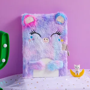 Cute plush diary for kids, fluffy tie-dye notebook with lock and lovely cartoon bear design.