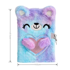 Cute fluffy bear diary notebook with lock, pastel plush journal for kids and girls.