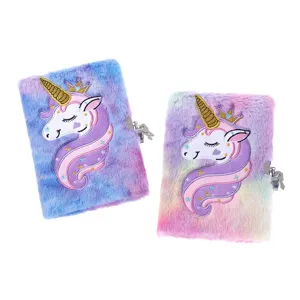 Cute fluffy unicorn diary notebook with lock for kids girls, soft plush fuzzy journal memo book.