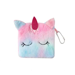 Cute plush unicorn coin purse for kids, fluffy pastel keychain wallet with glitter horn.