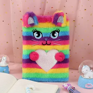 Buntes Pluesch Katzen Notizbuch mit suessen 3D Ohren und Herz, ideal fuer Schueler und Tagebuch.