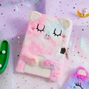 Cute plush diary notebook for kids with lock, fluffy unicorn bear design for girls school gift.