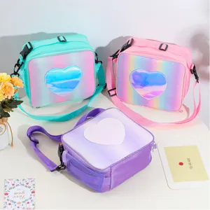 Glitter Laser Heart Insulated Lunch Bag Colorful Portable Bento Box Bag Girly Single Shoulder Bag Outdoor Picnic Backpack QT03