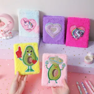 Cute plush cartoon notebook fluffy diary book with cute unicorn and avocado designs.