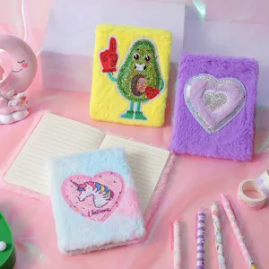 Fluffy cartoon notebook with avocado and unicorn sequin design, cute student diary planner.