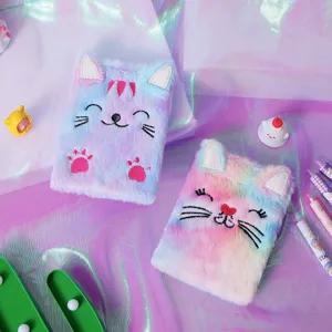 Simpatico taccuino in peluche con ricamo di gatto, morbido diario per studenti e ragazze.