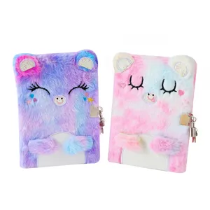 Cute fluffy notebook with lock for kids, soft tie-dye diary plush journal with cute bear ears.