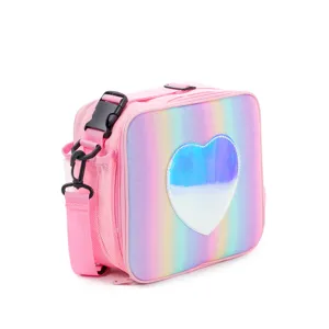 Pink glitter laser lunch bag with holographic heart shape, thermal insulated picnic bag.