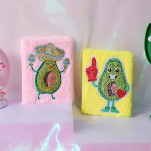 Cute fluffy avocado cartoon notebook detail view, soft plush student journal diary for girls.