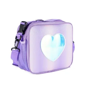 Detailed view of the purple glitter laser lunch bag with holographic heart and shoulder strap.
