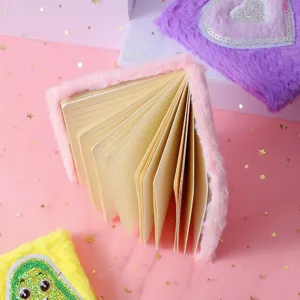 Fluffy pink notebook detail shot, cute fuzzy diary with lined pages, sweet aesthetic style.