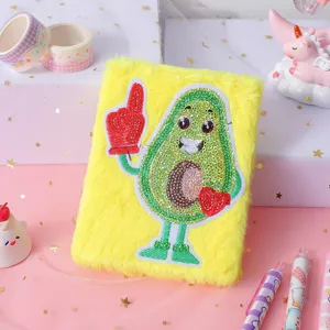 Cute yellow plush notebook with sparkling avocado embroidery patch for girls daily journaling.