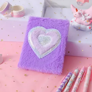 Plush sequin heart notebook detail view, cute purple diary book for school students and daily writing.