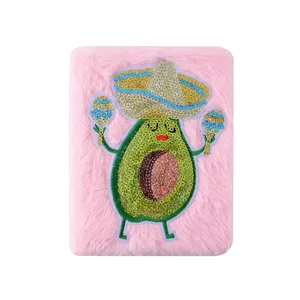 Cute pink plush notebook with sequin avocado cartoon design, ideal for student diary and daily writing.