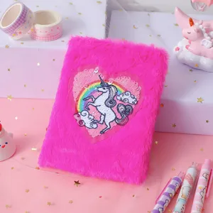 Fluffy sequin unicorn notebook cute pink journal plush diary for students school stationery