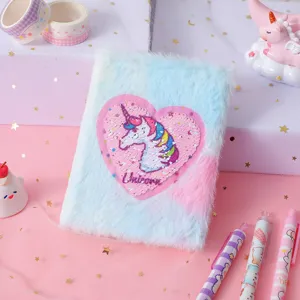 Cute plush notebook with sequin unicorn heart design, soft fluffy cover for journaling