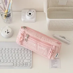 Pink ruffed pencil case with clear window, large capacity aesthetic stationery pouch for students.