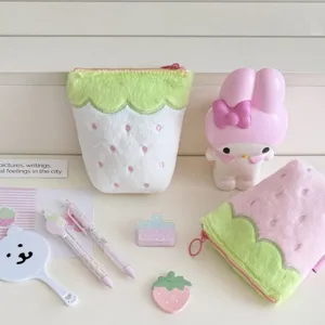 Cute pink and white plush strawberry standing pencil pouch for students storage stationery.