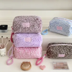 Plush leopard cosmetic bag cute large capacity travel pencil pouch storage organizer aesthetic