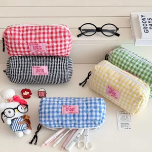 Detailed view of aesthetic quilted plaid pencil pouch set, large capacity stationery storage bag.