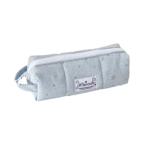 Light blue star pencil case large capacity cute canvas stationery storage bag for students