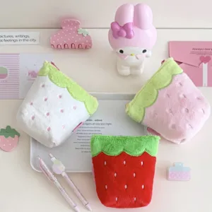 Cute strawberry plush pencil case, soft large capacity aesthetic stationery organizer pouch.