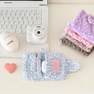 Korean plush leopard print coin purse portable mini snap bluetooth earphone bag wallet