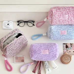Fluffy Leopard Print Pencil Case Cute Cosmetic Pouch Large Capacity Travel Toiletry Bag